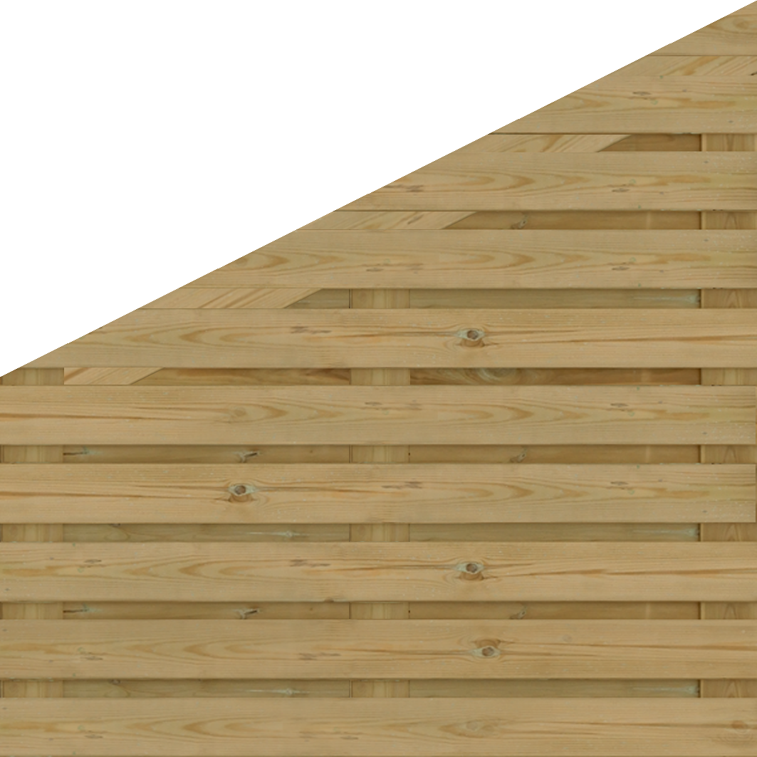 Grenen tuinscherm 22 planks (19+3) schuin horizontaal 180x180-90 cm volle zijde rechts hoog